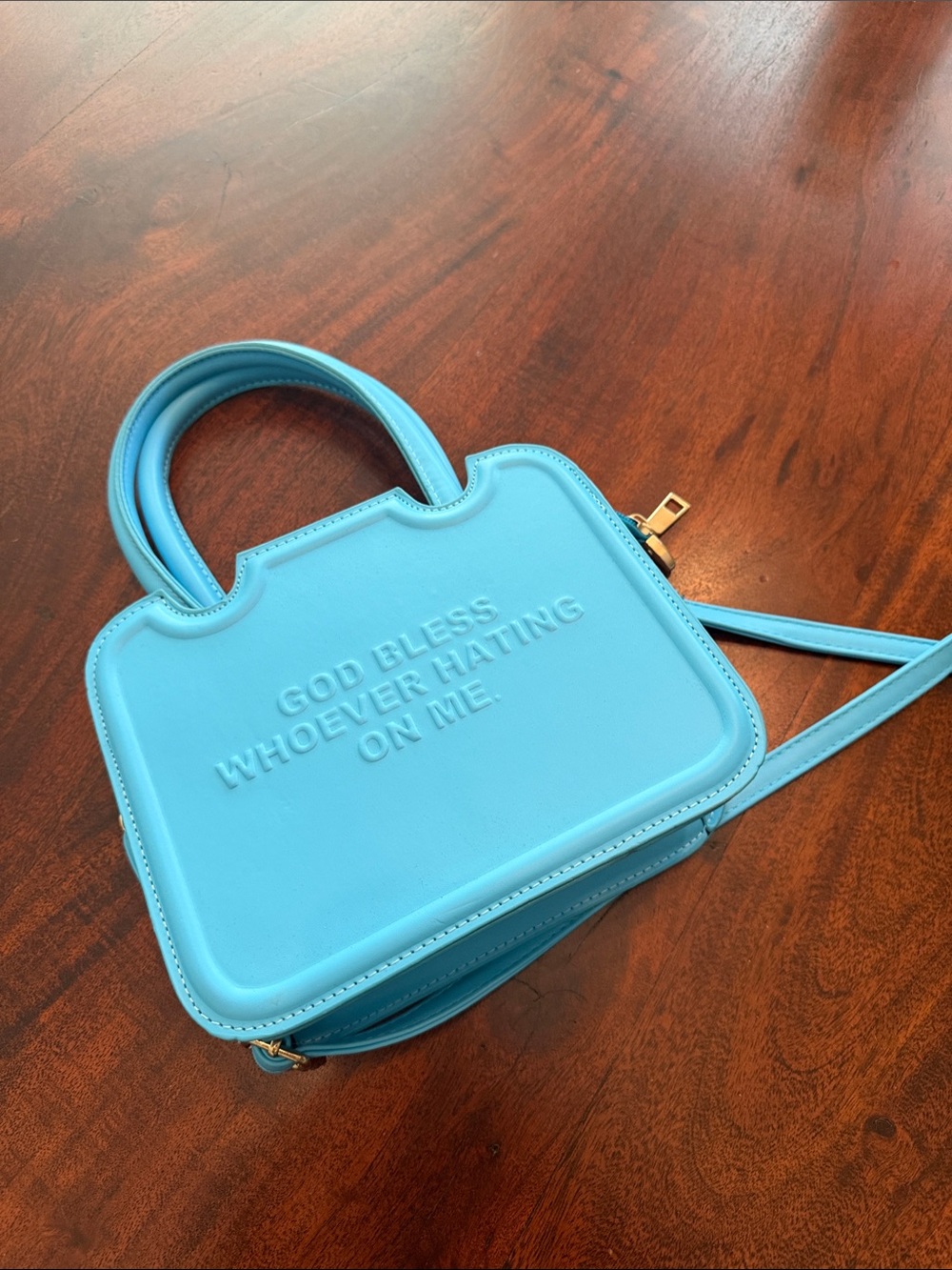 Blue Embossed Slogan Top-Handle Bag